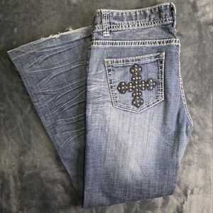 Rock & Roll Cowgirl Blue Flare Jeans with Cross Embellishment